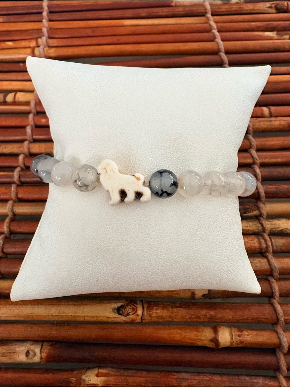 Grey Agate Beaded Bracelet with White Bear Accent